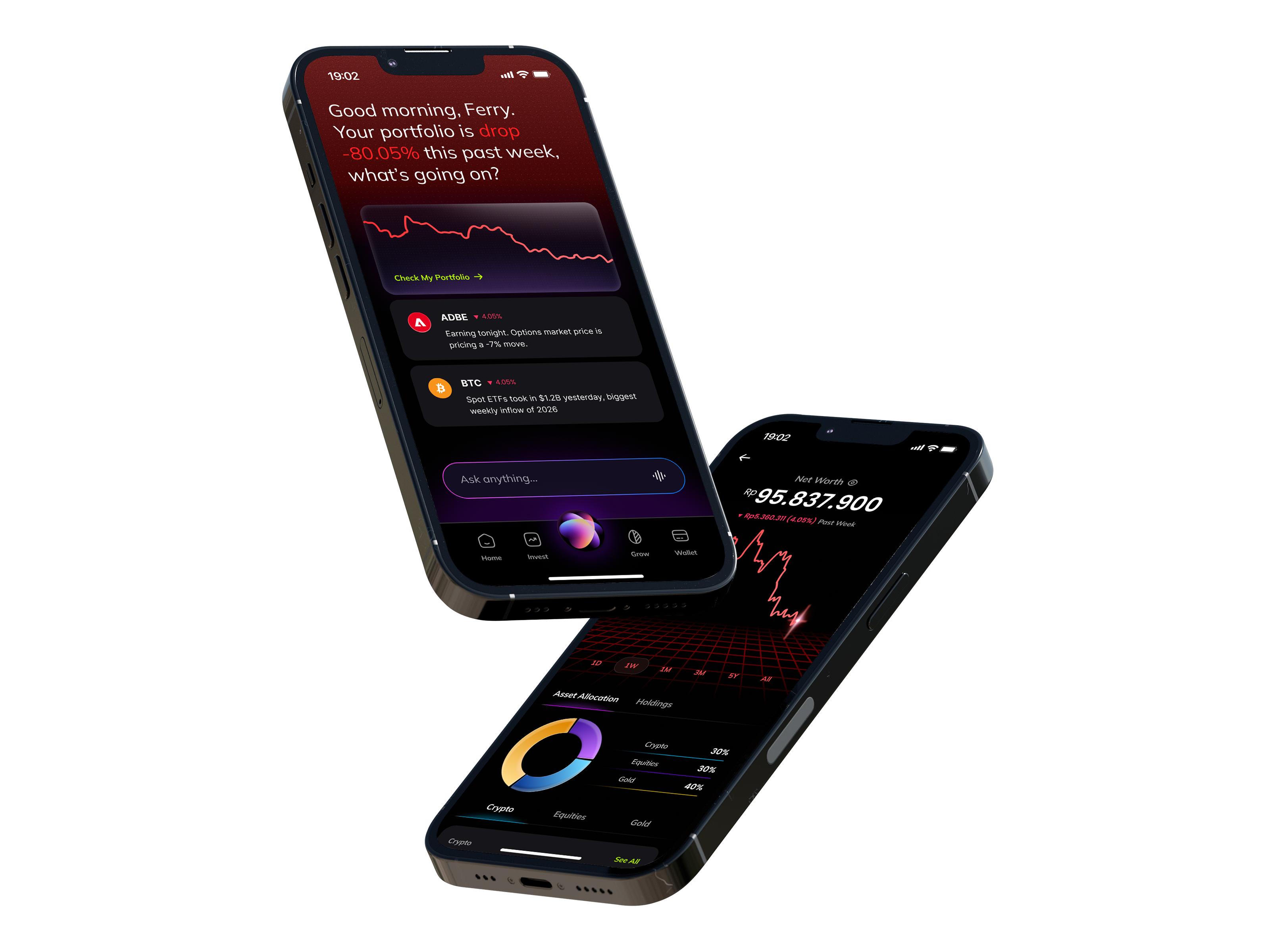 Two phones showing the Nanovest redesign at an angle: the AI alert home screen on the left, the Net Worth and Asset Allocation screen on the right