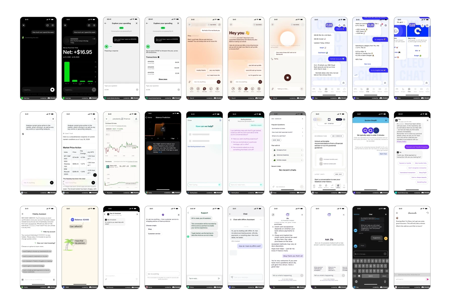 Board tiga puluh layar ponsel dari aplikasi keuangan dan perbankan, masing-masing menampilkan chat asisten AI: empty state, jawaban dengan grafik dan tabel, serta saran balasan