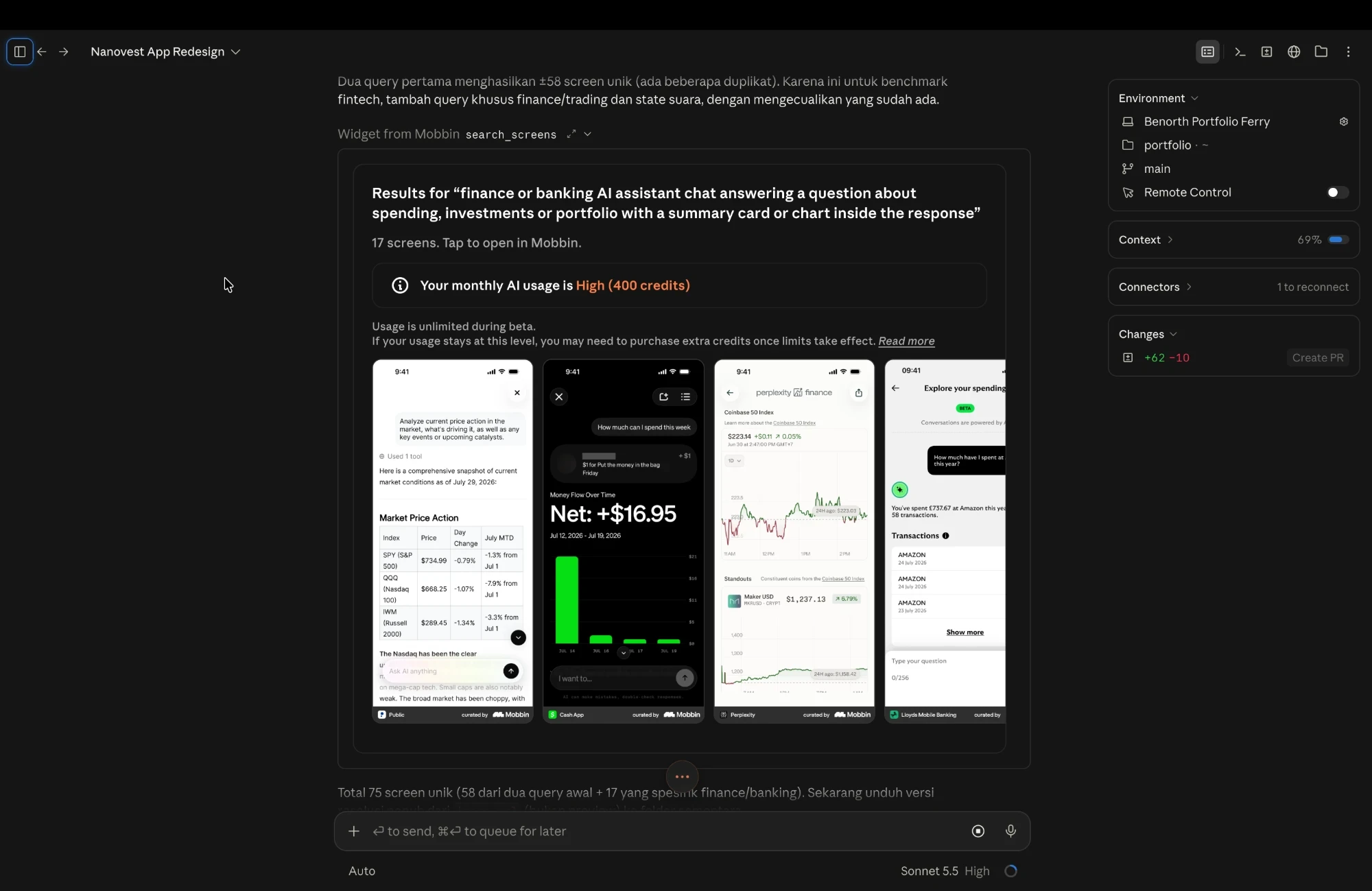 Percakapan dengan asisten AI yang menampilkan pencarian Mobbin untuk screen AI chat aplikasi keuangan dan perbankan, dengan empat hasil pertama dari Public, Cash App, Perplexity, dan Lloyds
