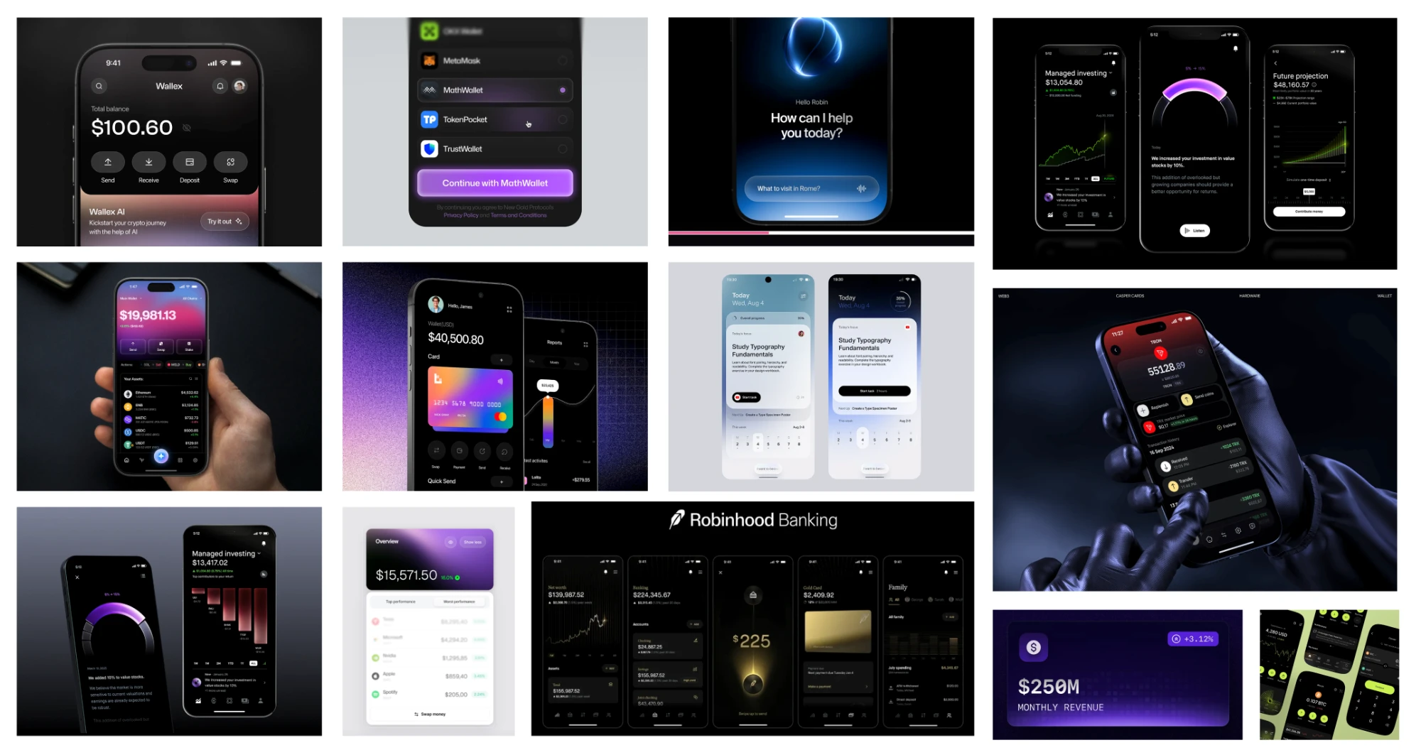 Kolase layar aplikasi keuangan dan kripto bergaya dark mode: wallet, dashboard saldo, prompt asisten AI, dan ringkasan perbankan