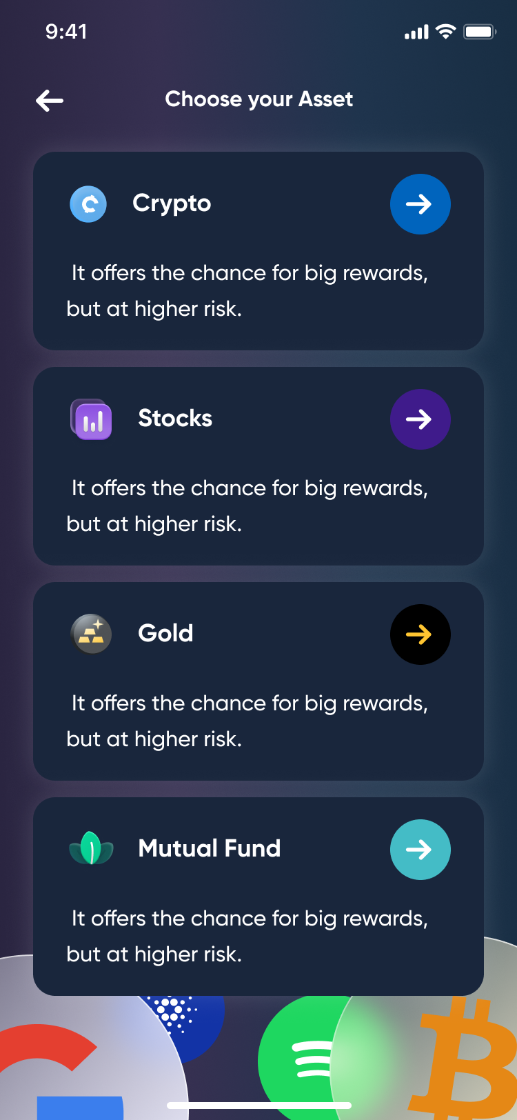 Full asset menu · crypto, stocks, gold, mutual fund (Dark)