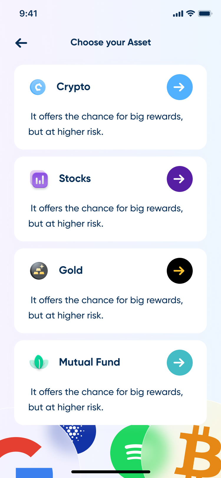 Full asset menu · crypto, stocks, gold, mutual fund (Light)