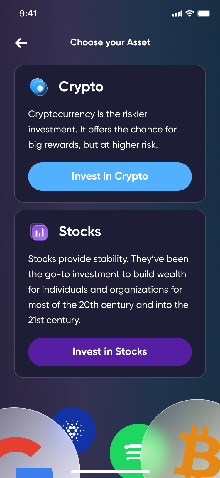 Asset picker · crypto or stocks, one CTA each (Dark)