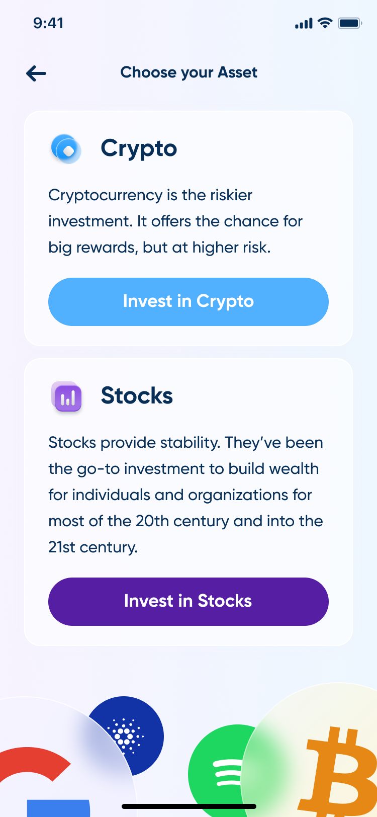 Asset picker · crypto or stocks, one CTA each (Light)