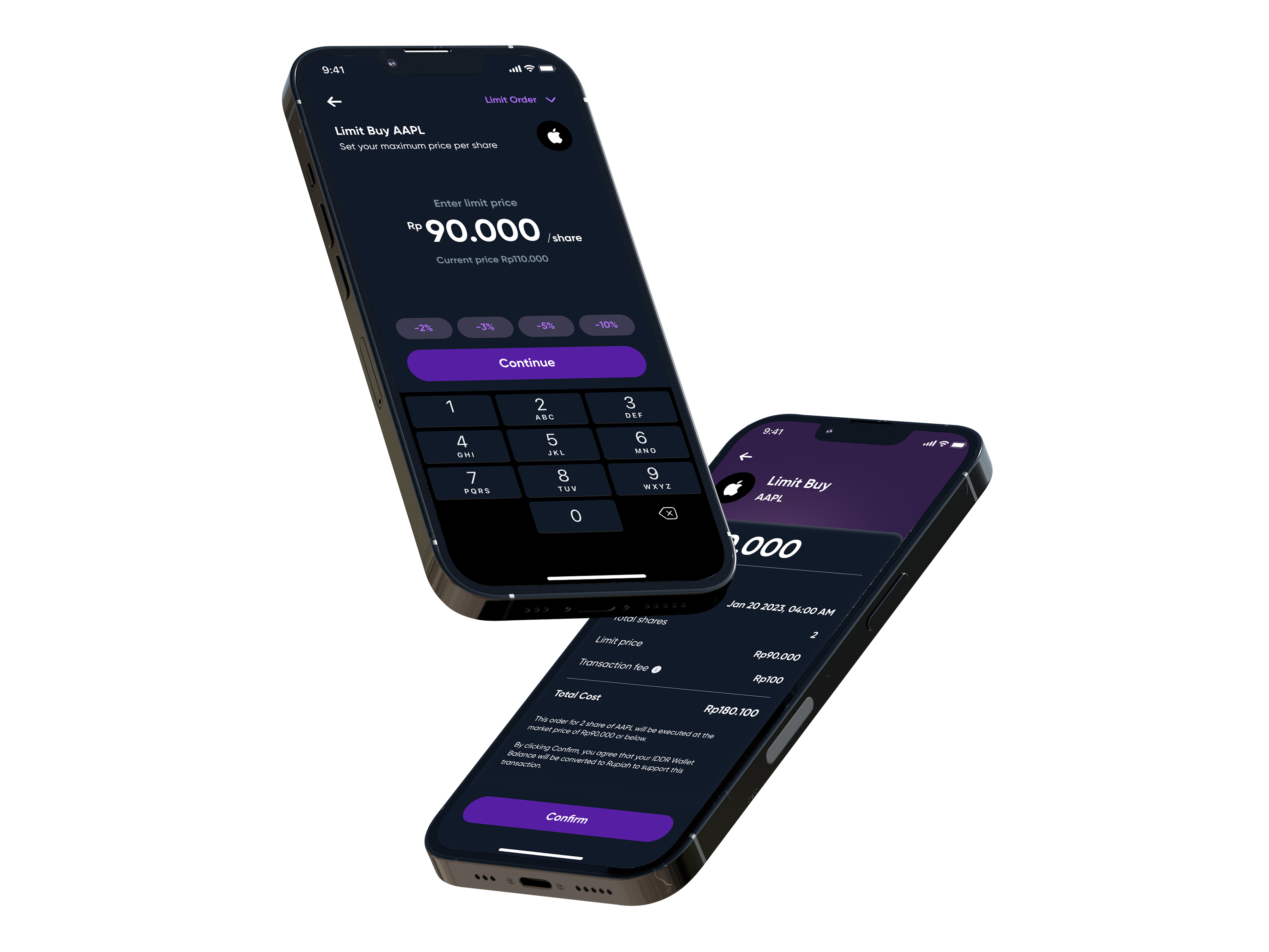 Limit Buy AAPL shown on two phones — setting the limit price and reviewing the order summary