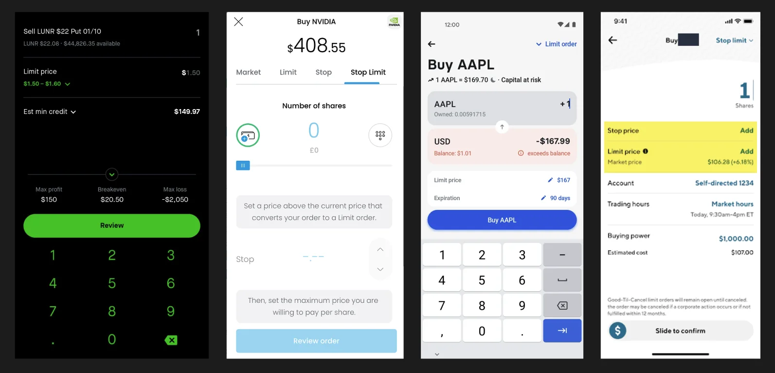 Layar input limit order dari aplikasi trading lain, berdampingan