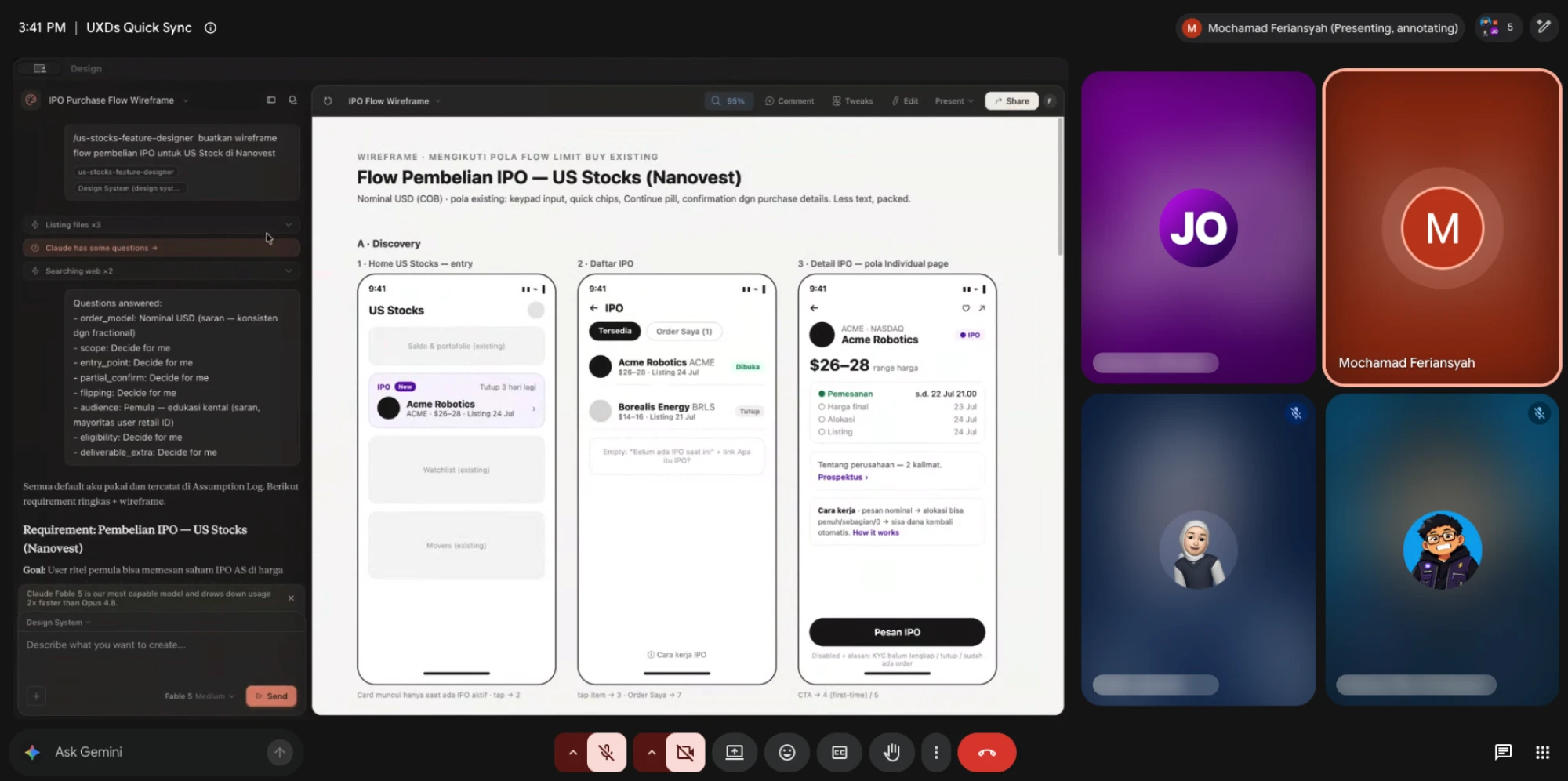 Sync tim lewat Google Meet dengan berbagi layar wireframe flow IPO: pintu masuk US Stocks, daftar IPO, dan halaman detail penawaran