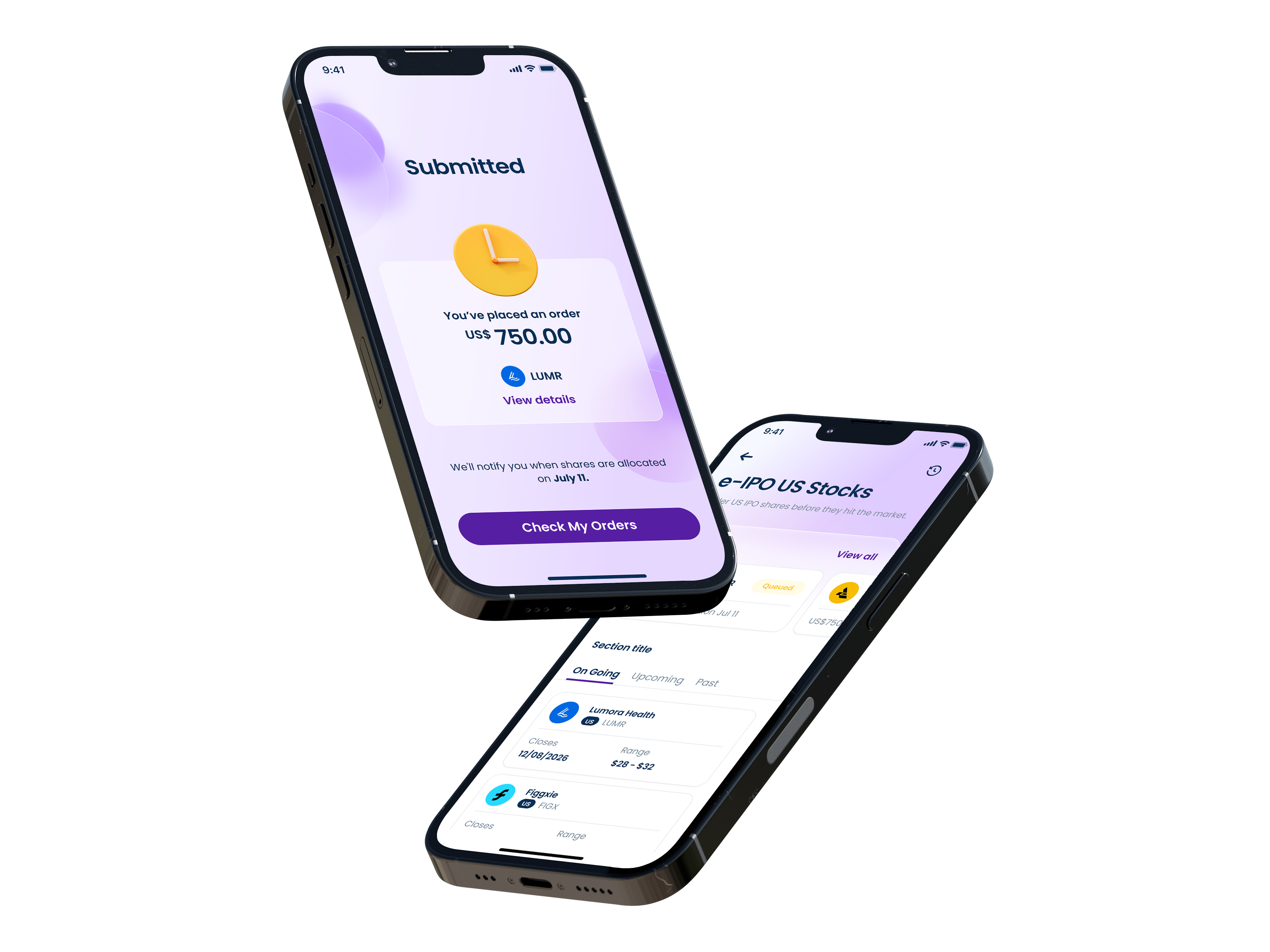 Two phones showing a submitted US$750 order for LUMR and the e-IPO US Stocks list behind it