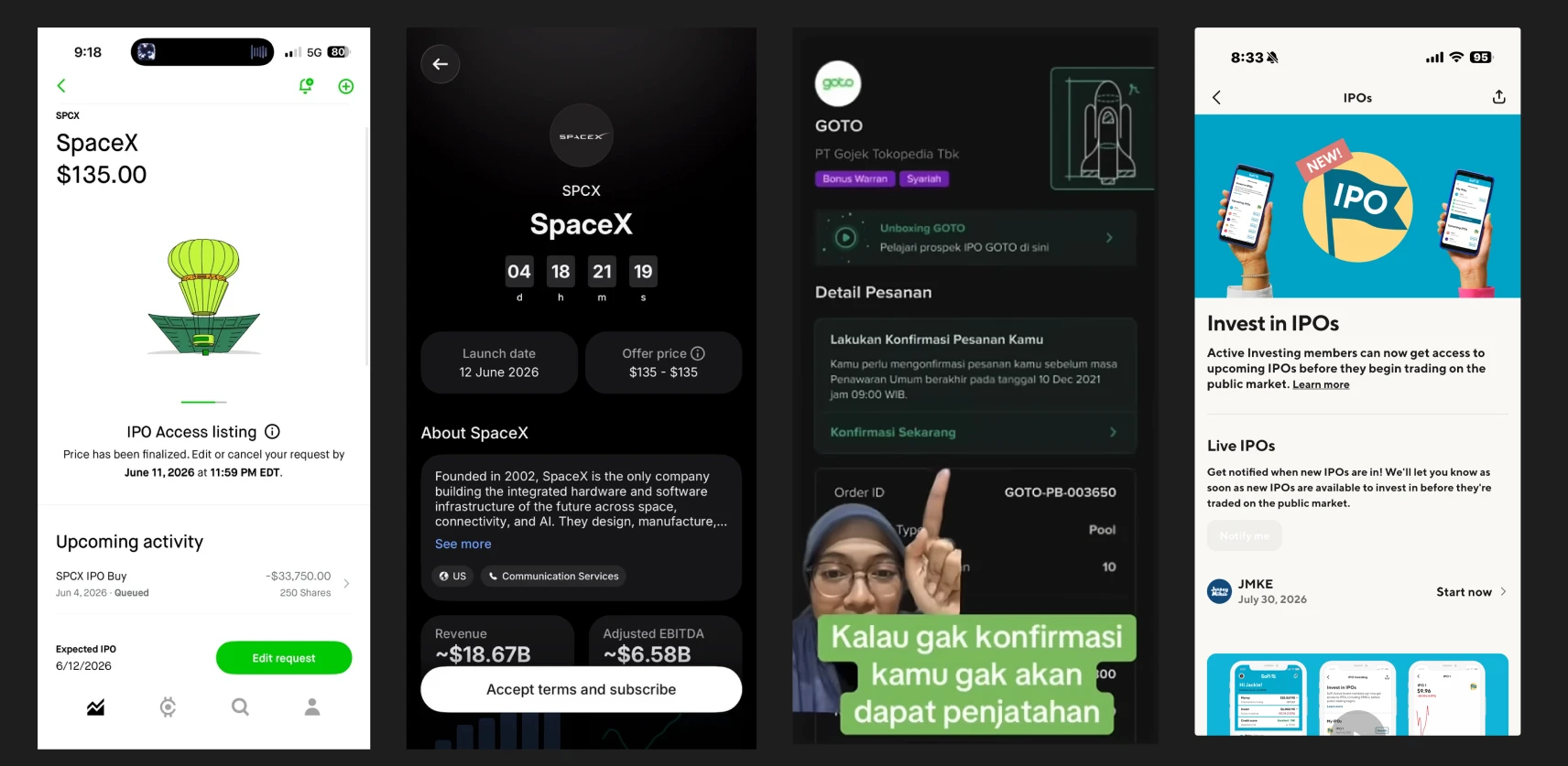 Empat layar IPO berdampingan: daftar IPO Access Robinhood, aplikasi gelap dengan hitung mundur peluncuran SpaceX, konfirmasi order e-IPO lokal untuk GOTO, dan halaman IPO SoFi