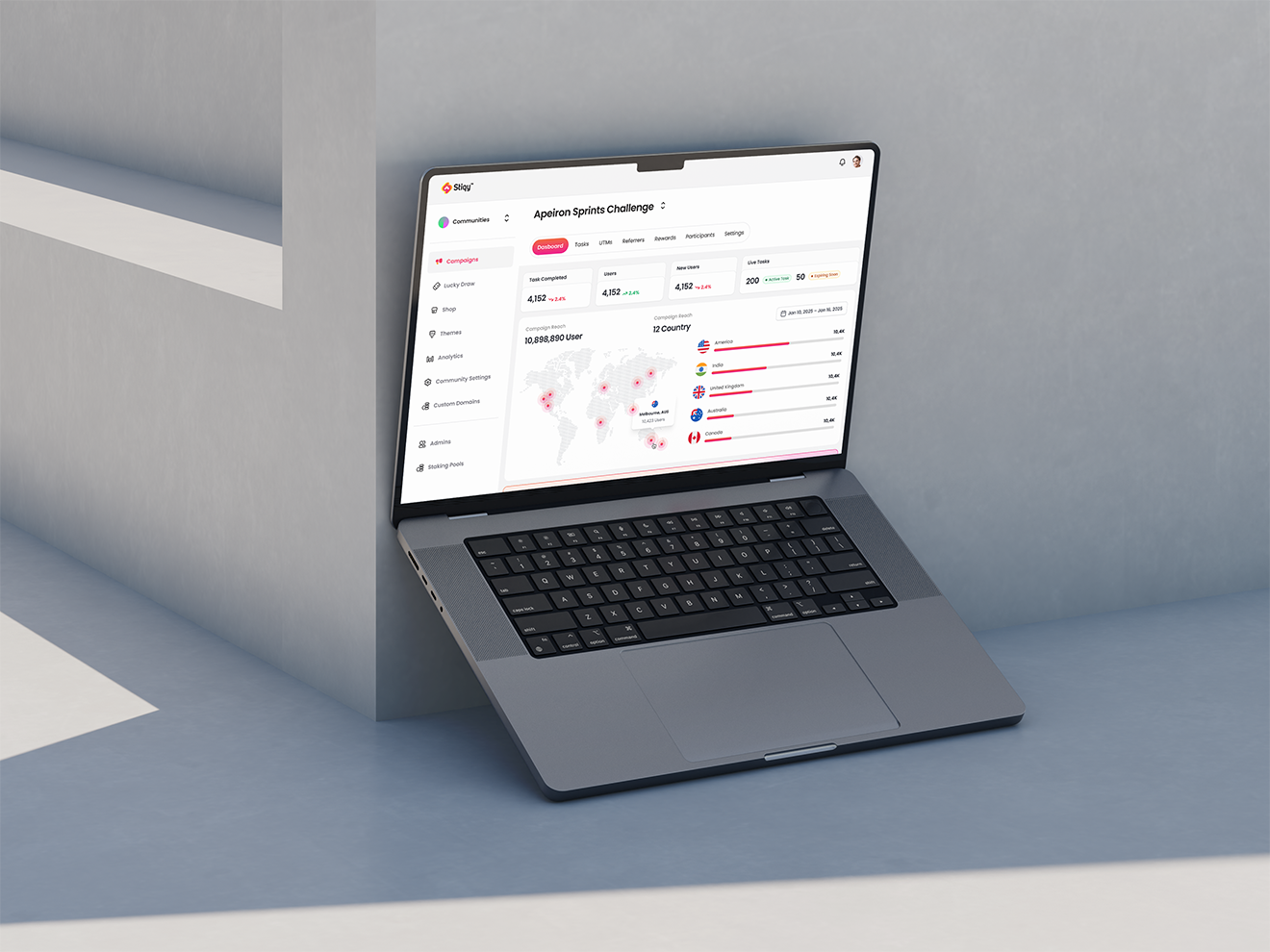 Stiqy campaign dashboard for the Apeiron Sprints Challenge, shown open on a MacBook Pro