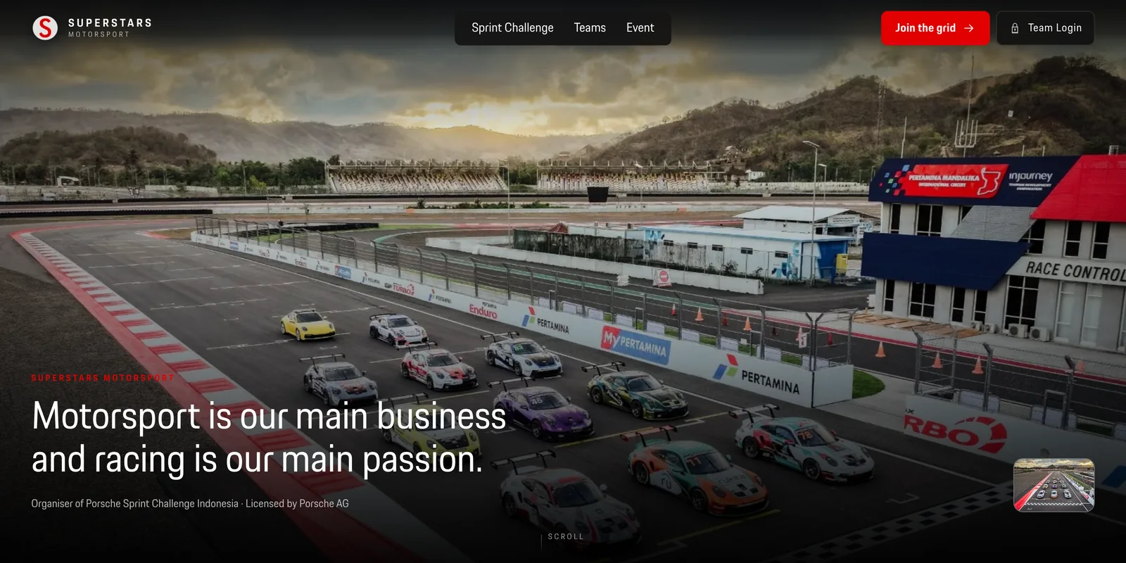Superstars Motorsport website: racing cars lined up on the starting grid at Mandalika circuit